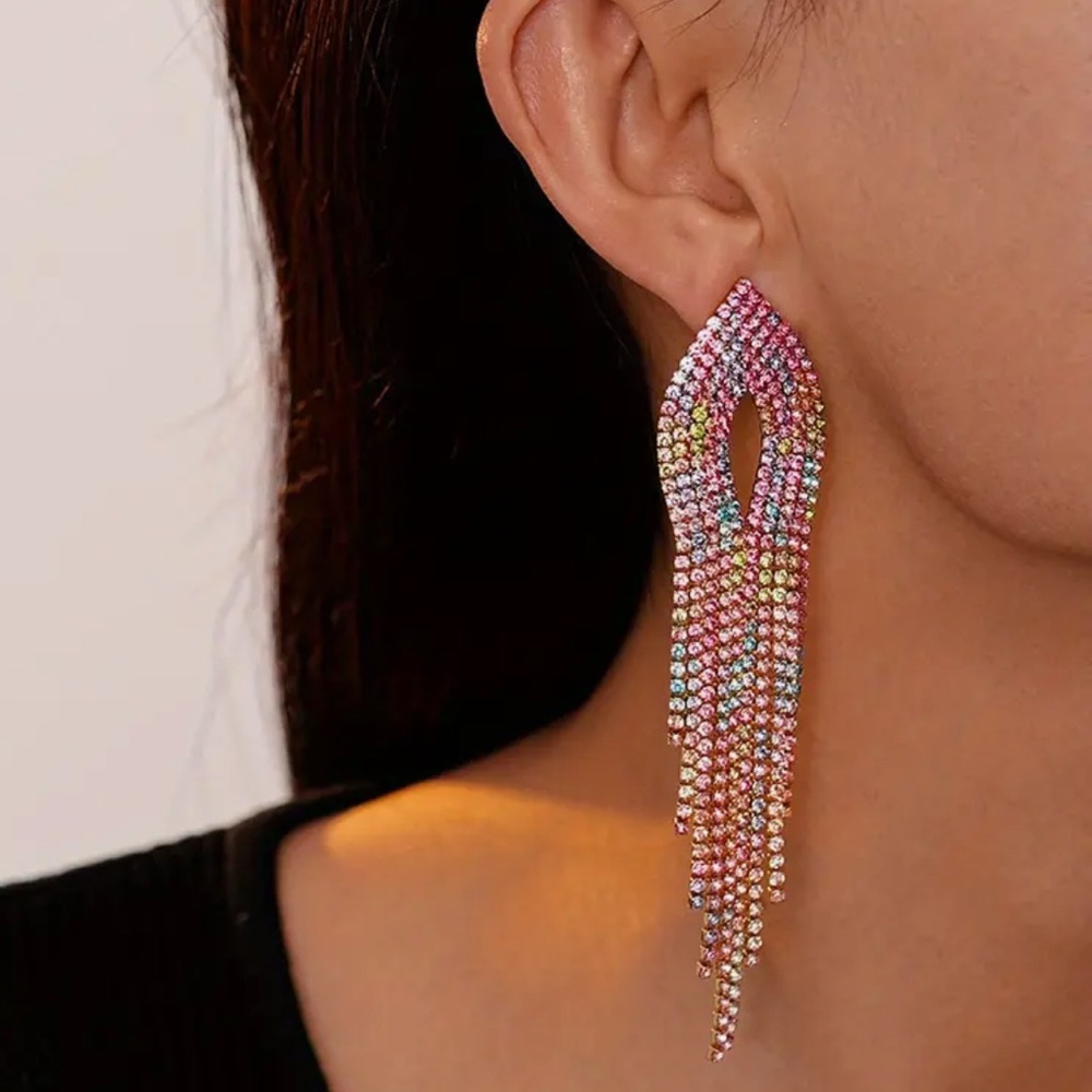 Rainbow Rhinestone Dangle Earrings - New